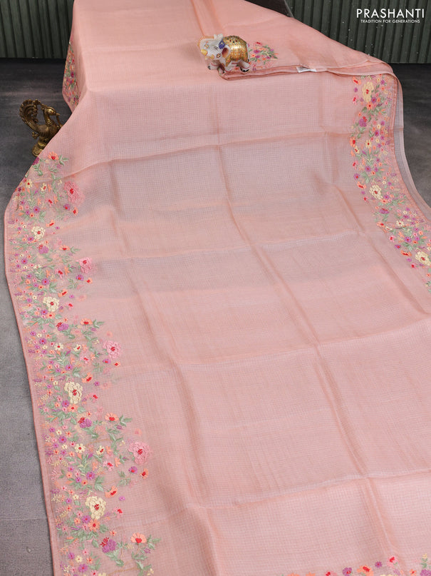 Silk kota saree pale orange with plain body and floral embroidery border