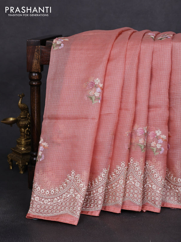 Silk kota saree pale orange with embroidery buttas and embroidery border