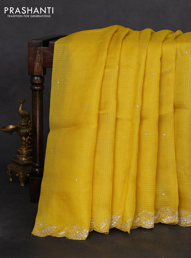 Silk kota saree mustard yellow with embroidery buttas and embroidery border