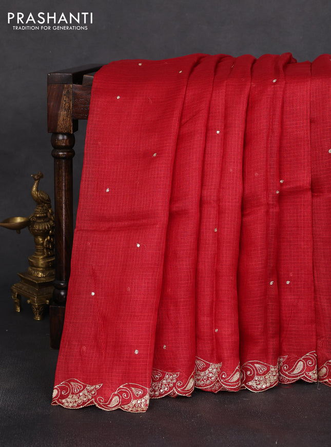 Silk kota saree maroon with embroidery buttas and embroidery border