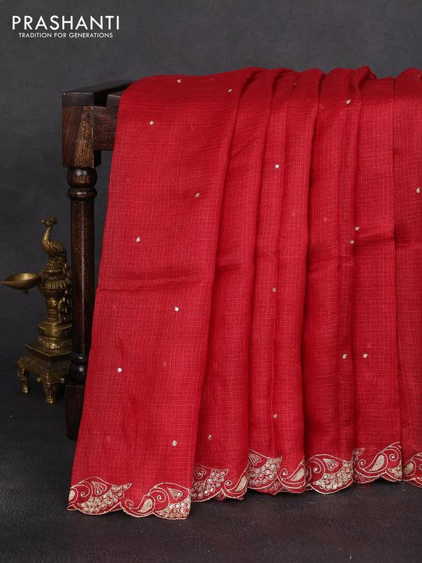 Silk kota saree maroon with embroidery buttas and embroidery border