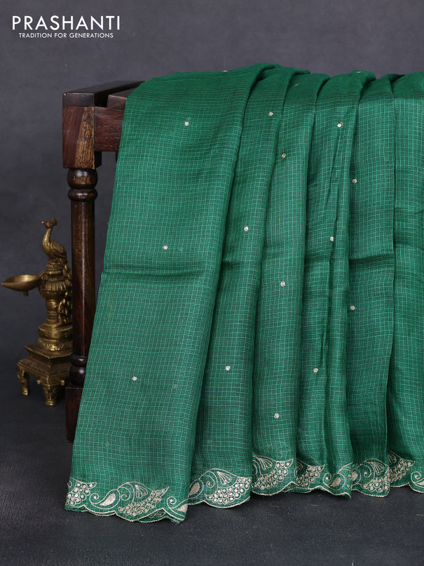 Silk kota saree green with embroidery buttas and embroidery border