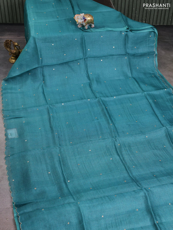 Silk kota saree peacock green with embroidery sequin buttas and kalamkari design pita work blouse