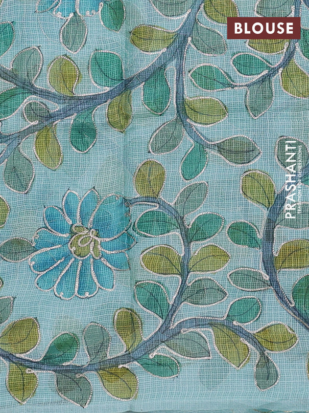 Silk kota saree teal blue with embroidery sequin buttas and kalamkari design pita work blouse