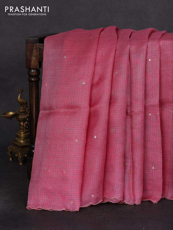 Silk kota saree pink with embroidery sequin buttas and kalamkari design pita work blouse