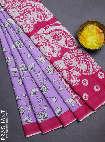 Kalamkari semi silk saree lavender and pink with allover prints and simple border