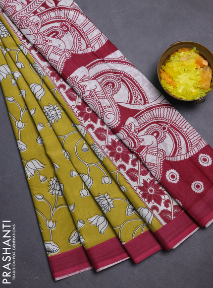 Kalamkari semi silk saree lime yellow and mauve pink with allover prints and simple border