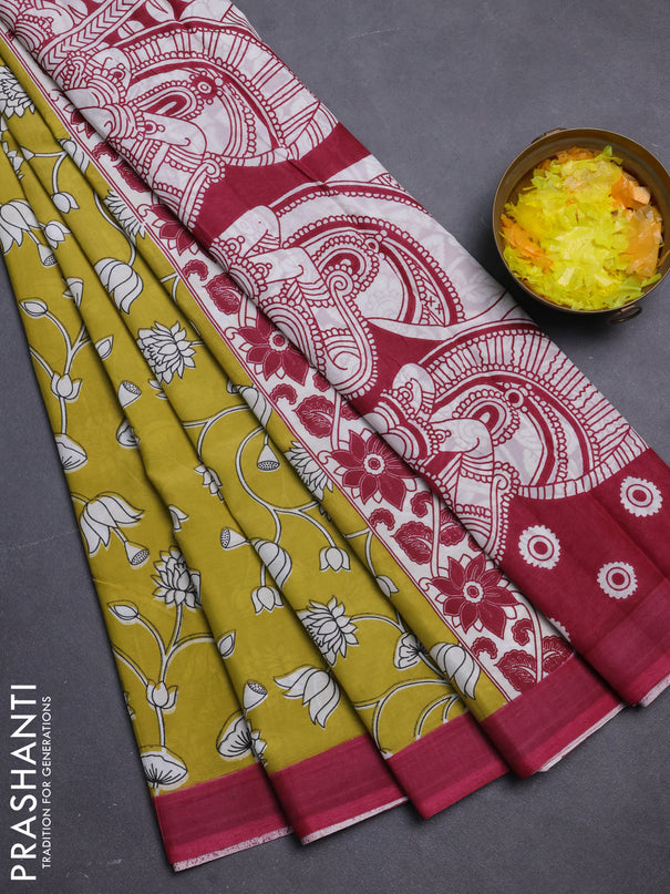 Kalamkari semi silk saree lime yellow and mauve pink with allover prints and simple border