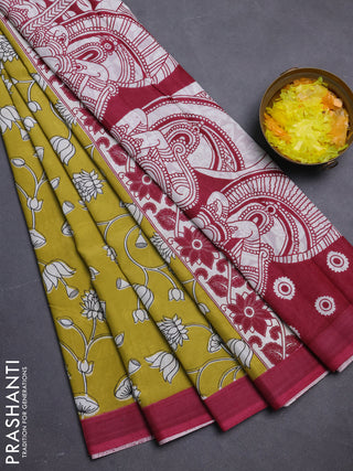 Kalamkari semi silk saree lime yellow and mauve pink with allover prints and simple border