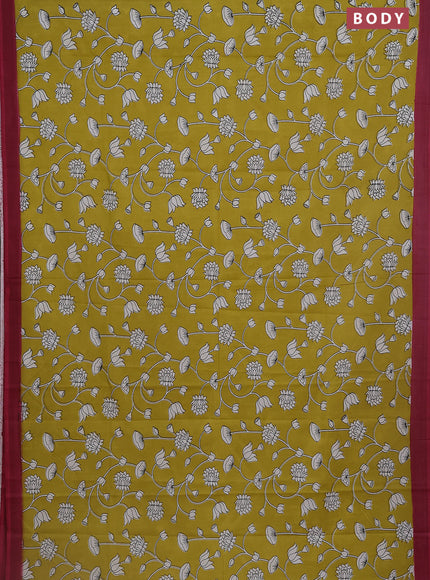 Kalamkari semi silk saree lime yellow and mauve pink with allover prints and simple border