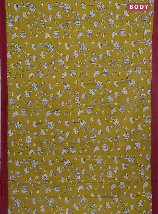 Kalamkari semi silk saree lime yellow and mauve pink with allover prints and simple border