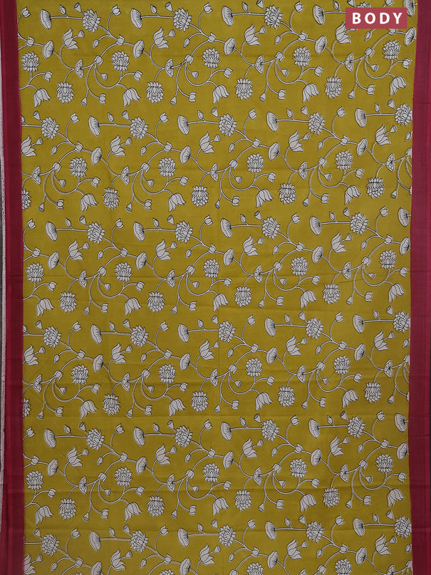 Kalamkari semi silk saree lime yellow and mauve pink with allover prints and simple border