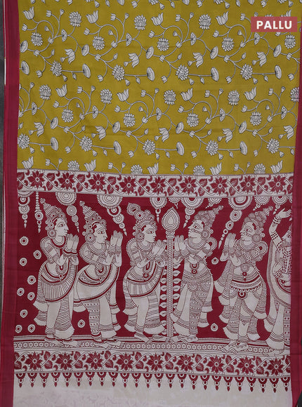 Kalamkari semi silk saree lime yellow and mauve pink with allover prints and simple border