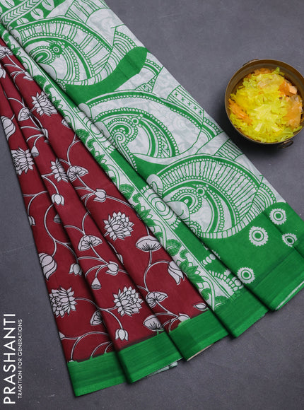 Kalamkari semi silk saree maroon and green with allover prints and simple border