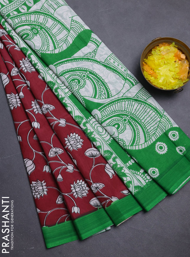 Kalamkari semi silk saree maroon and green with allover prints and simple border