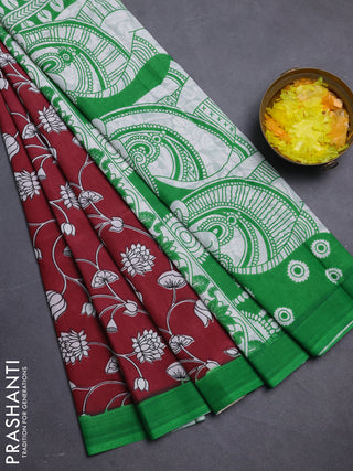 Kalamkari semi silk saree maroon and green with allover prints and simple border
