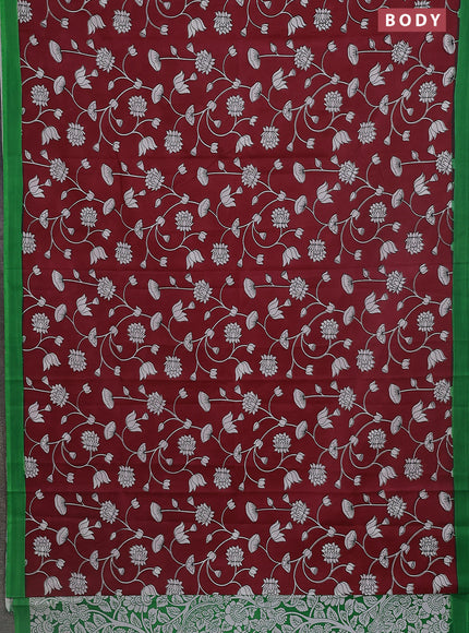 Kalamkari semi silk saree maroon and green with allover prints and simple border