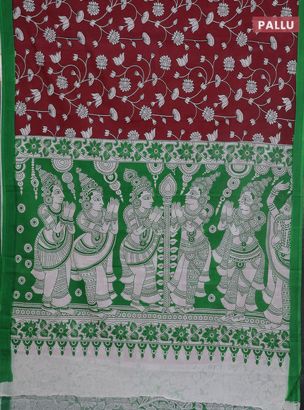 Kalamkari semi silk saree maroon and green with allover prints and simple border