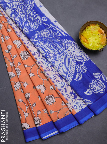 Kalamkari semi silk saree orange and blue with allover prints and simple border