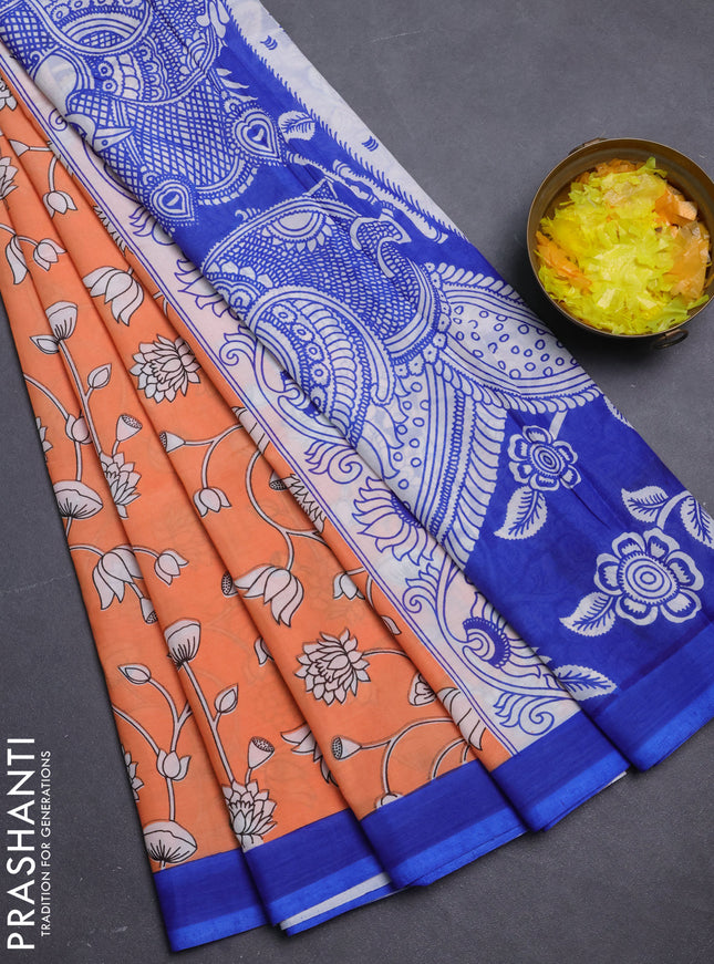 Kalamkari semi silk saree orange and blue with allover prints and simple border