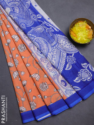 Kalamkari semi silk saree orange and blue with allover prints and simple border