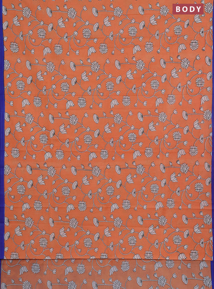 Kalamkari semi silk saree orange and blue with allover prints and simple border