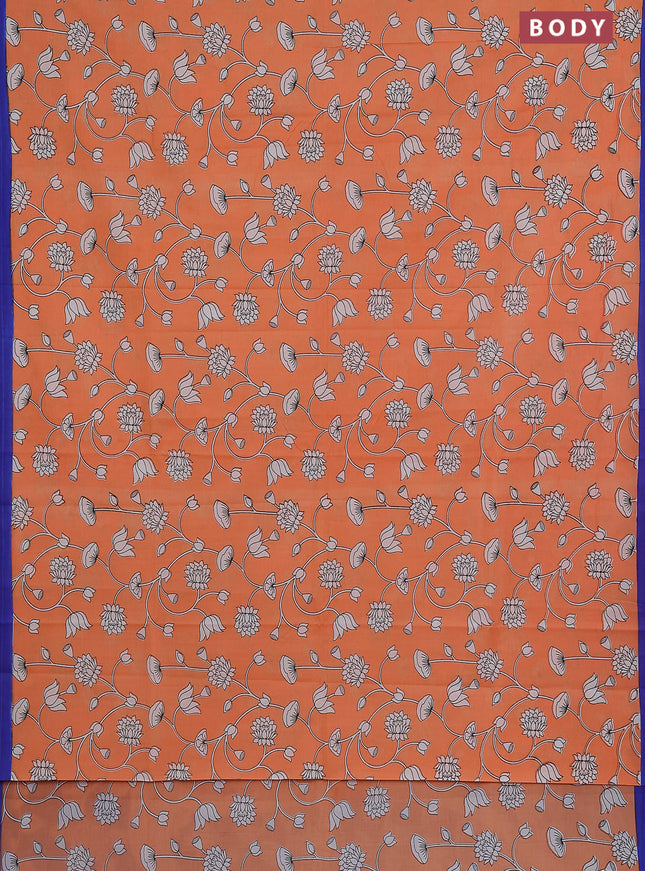 Kalamkari semi silk saree orange and blue with allover prints and simple border