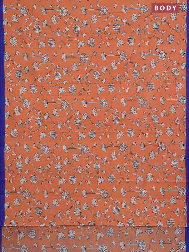 Kalamkari semi silk saree orange and blue with allover prints and simple border