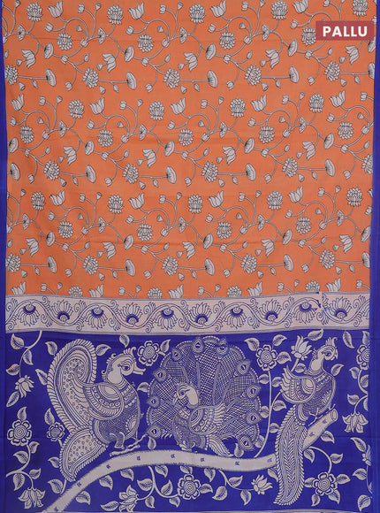 Kalamkari semi silk saree orange and blue with allover prints and simple border