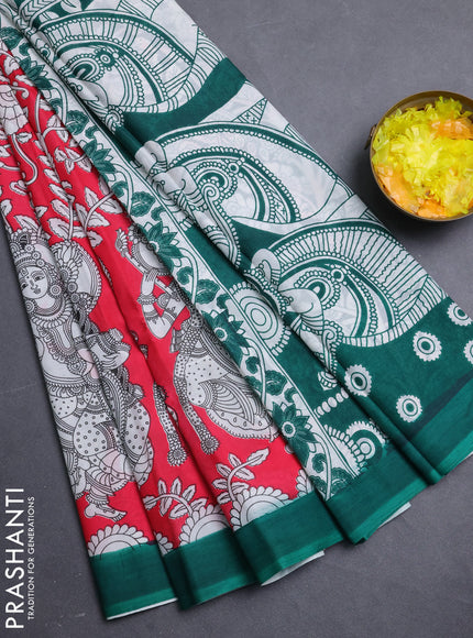 Kalamkari semi silk saree dark peach and green with allover prints and simple border