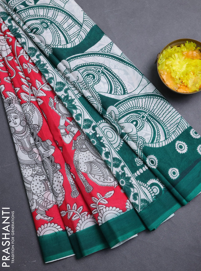 Kalamkari semi silk saree dark peach and green with allover prints and simple border