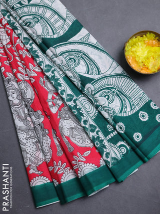 Kalamkari semi silk saree dark peach and green with allover prints and simple border