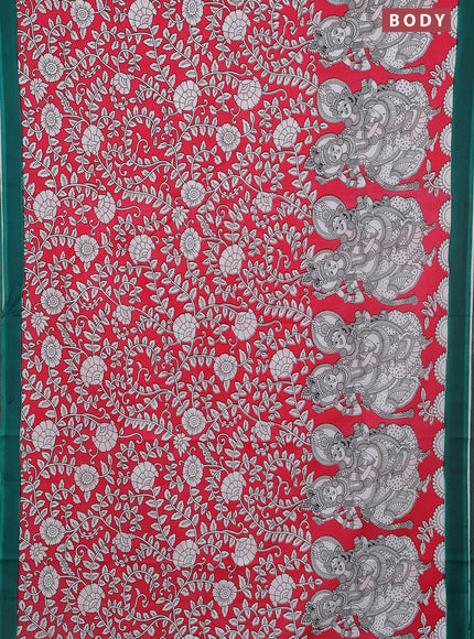 Kalamkari semi silk saree dark peach and green with allover prints and simple border