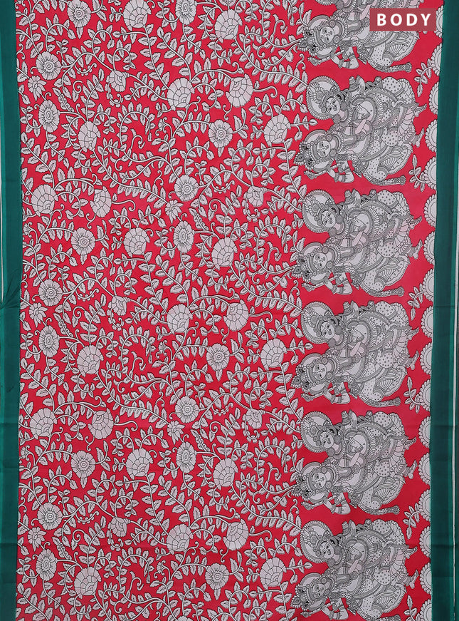 Kalamkari semi silk saree dark peach and green with allover prints and simple border