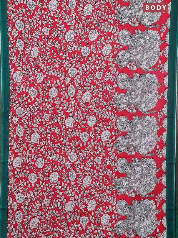 Kalamkari semi silk saree dark peach and green with allover prints and simple border