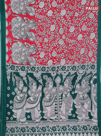 Kalamkari semi silk saree dark peach and green with allover prints and simple border