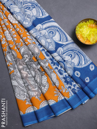 Kalamkari semi silk saree orange and peacock blue with allover prints and simple border