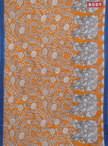 Kalamkari semi silk saree orange and peacock blue with allover prints and simple border