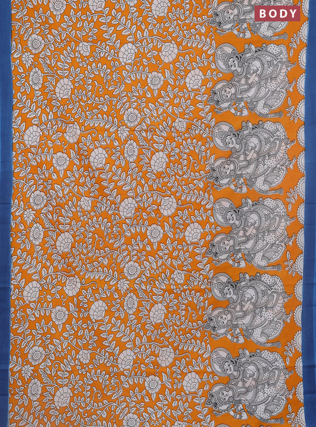 Kalamkari semi silk saree orange and peacock blue with allover prints and simple border