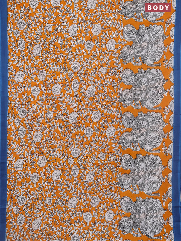 Kalamkari semi silk saree orange and peacock blue with allover prints and simple border