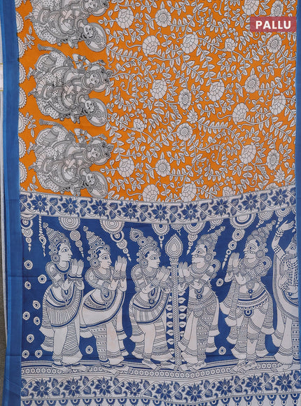 Kalamkari semi silk saree orange and peacock blue with allover prints and simple border