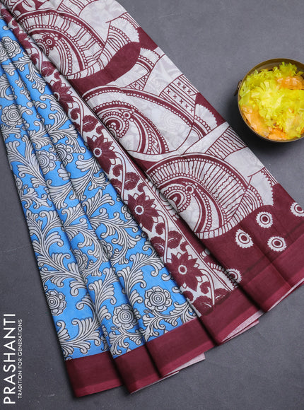 Kalamkari semi silk saree blue and maroon with allover prints and simple border