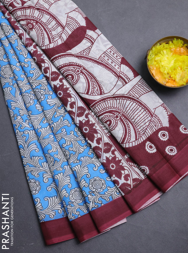 Kalamkari semi silk saree blue and maroon with allover prints and simple border