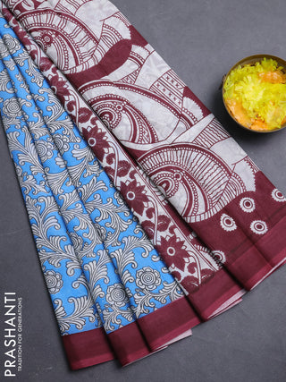 Kalamkari semi silk saree blue and maroon with allover prints and simple border