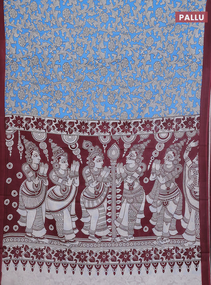 Kalamkari semi silk saree blue and maroon with allover prints and simple border