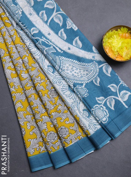 Kalamkari semi silk saree yellow and peacock blue with allover prints and simple border