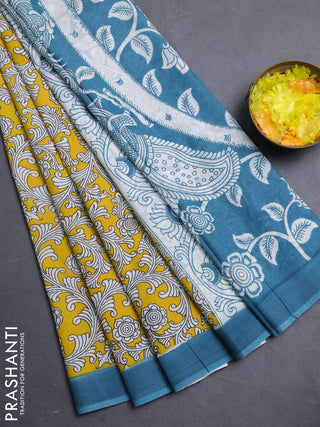 Kalamkari semi silk saree yellow and peacock blue with allover prints and simple border