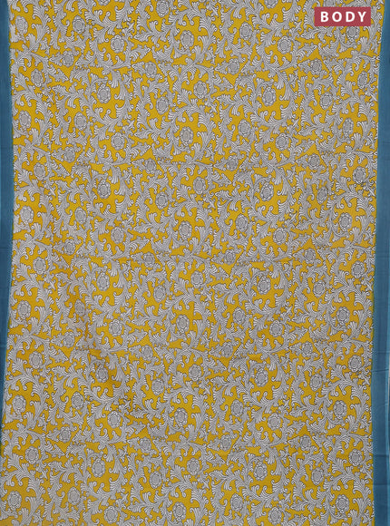 Kalamkari semi silk saree yellow and peacock blue with allover prints and simple border