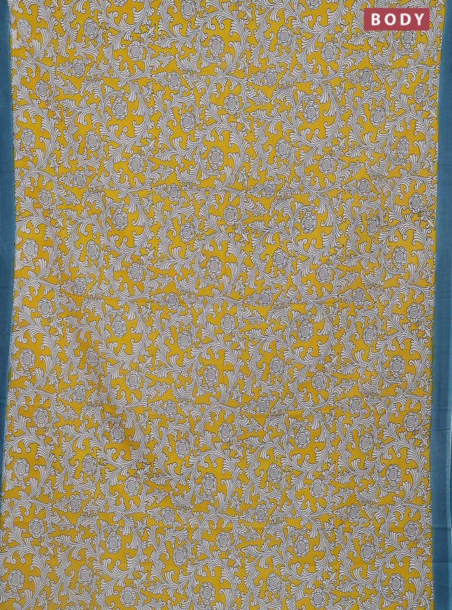 Kalamkari semi silk saree yellow and peacock blue with allover prints and simple border