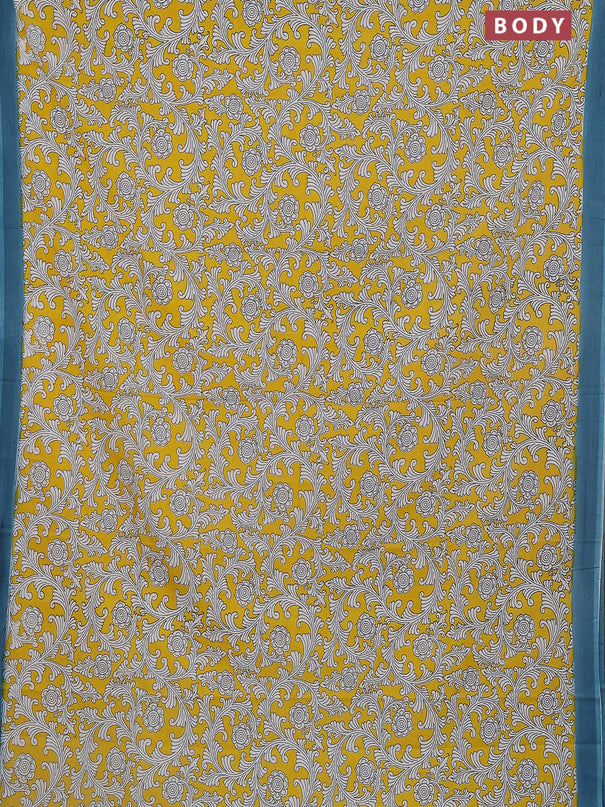Kalamkari semi silk saree yellow and peacock blue with allover prints and simple border